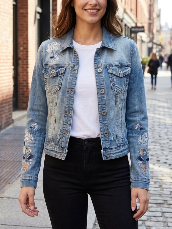 oando Jackets & Blazers - Embroidered denim jacket with floral and bird details and gems by Onado
